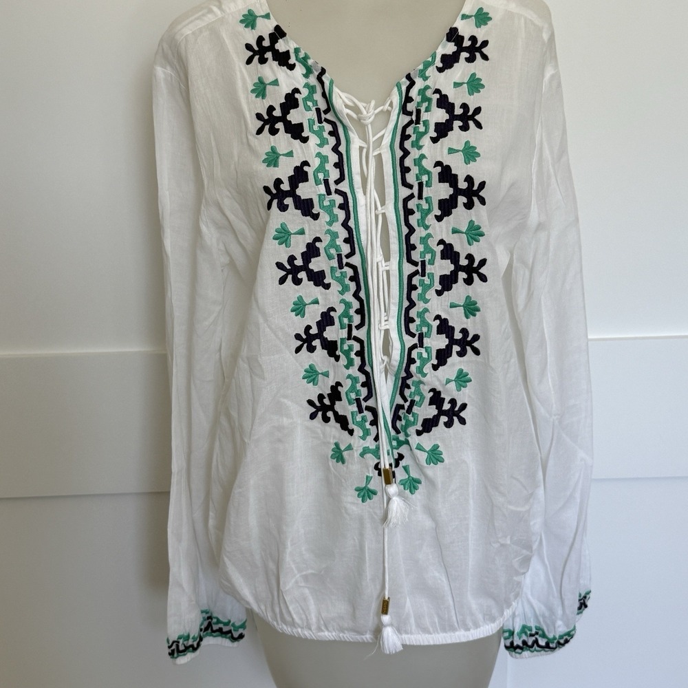 OndadeMar Embroidered Tunic Blouse Women's L White Boho Lace Up Gauze Resort